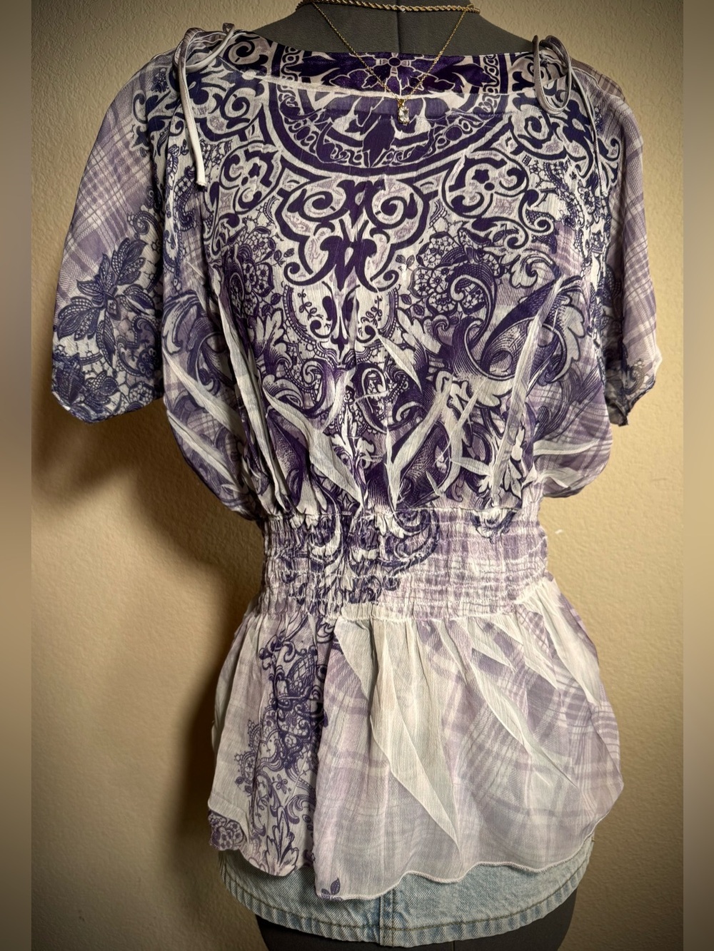 Vintage y2k Purple White Paisley Smocked Cold Shoulder Blouse Top M
